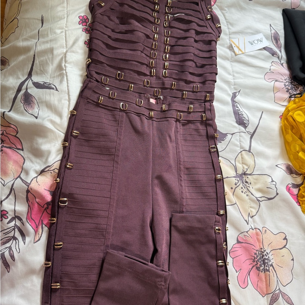 Elegant Burgundy Jumpsuit set two pieces bandaged pants and top